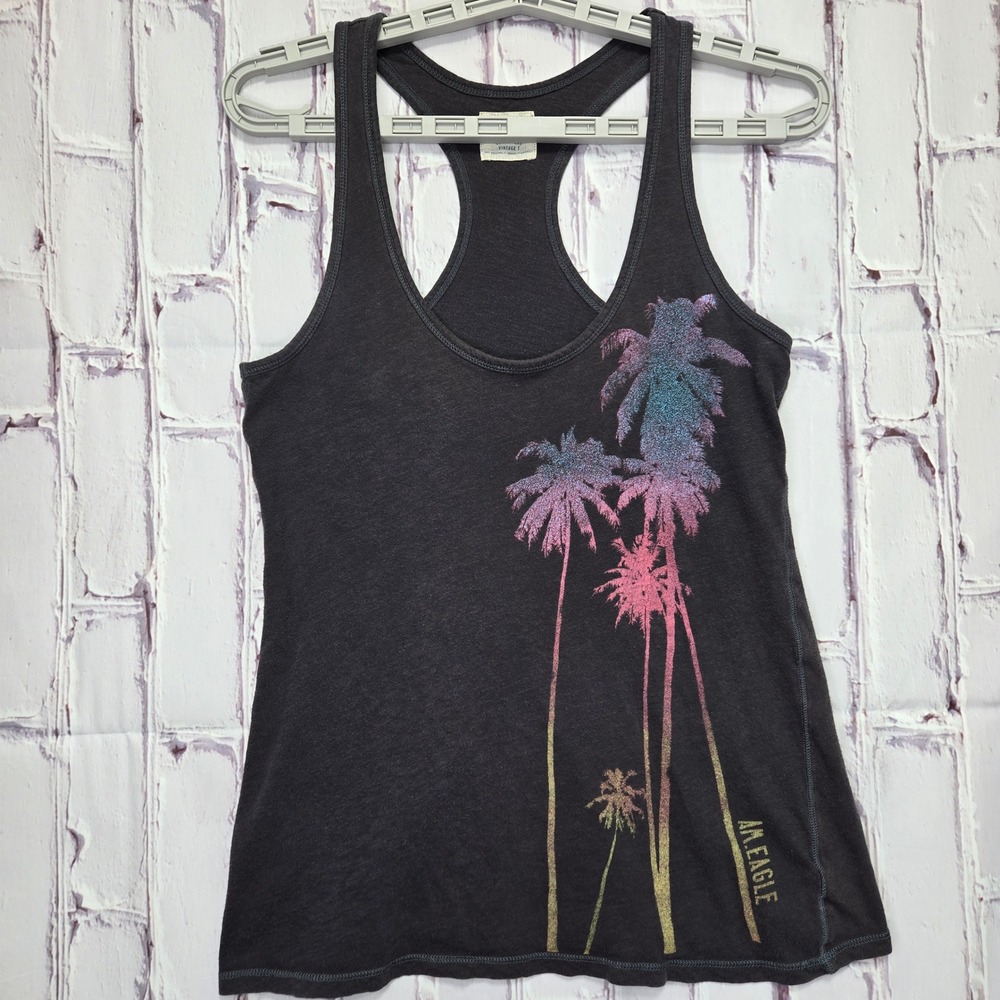 American Eagle Womens Vintage Tank Top Small Gray Palm Tree Graphic Racerback 77